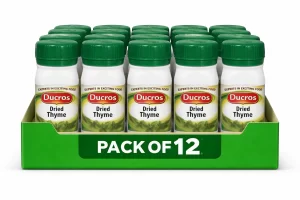 Retail glass jar of Ducros Thyme containing dried thyme leaves. Packaged herb seasoning for culinary use, suitable for retail sale and export.